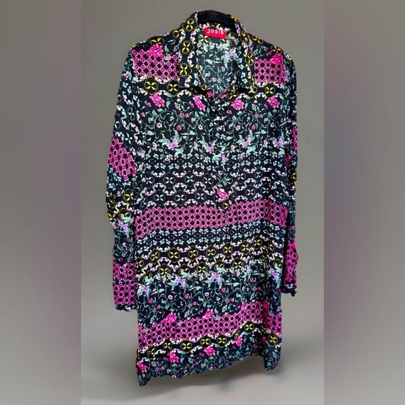 Josie Natori Womens Shirt Dress Black Pink Floral Long Sleeve Rayon Size Medium - Picture 1 of 15